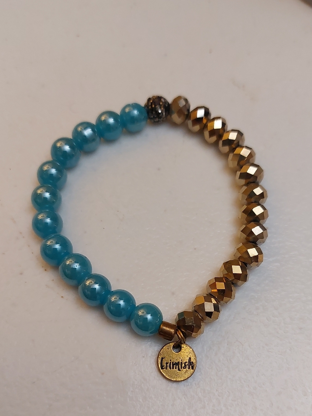 Erimish Faceted Chocolate Gold And Blue Round Beads Colorblock Stretch Bracelet